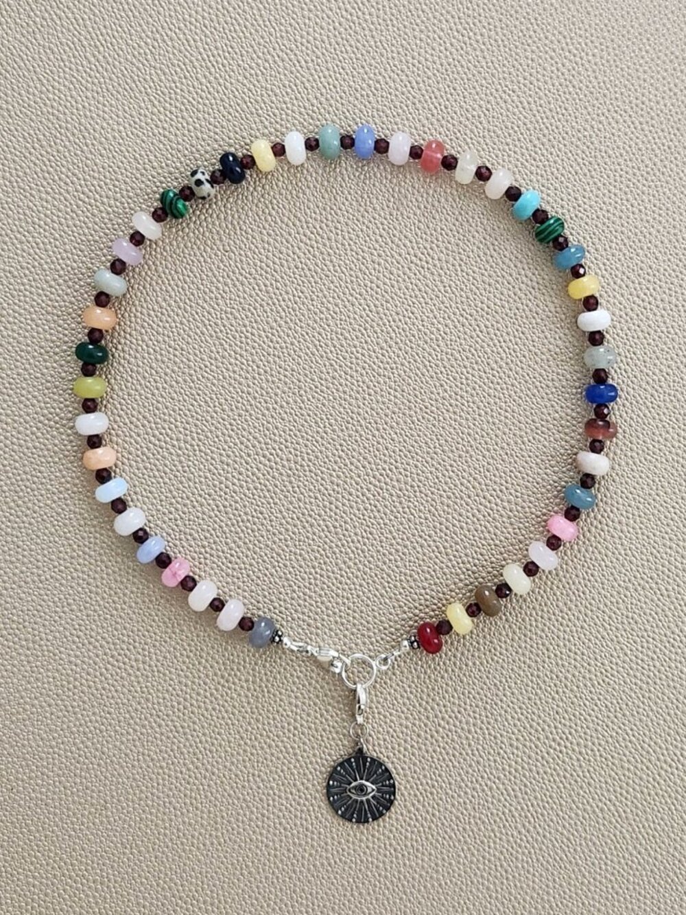 MIXED GEMSTONE NECKLACE W/ EYE PENDANT-16"